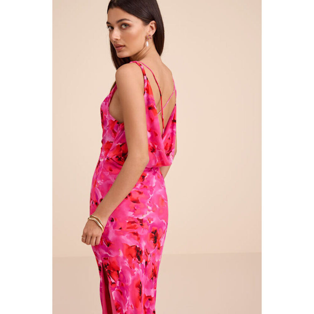 Lulus Marlesa Hot Pink Floral Cowl Back Maxi Dress - Size M